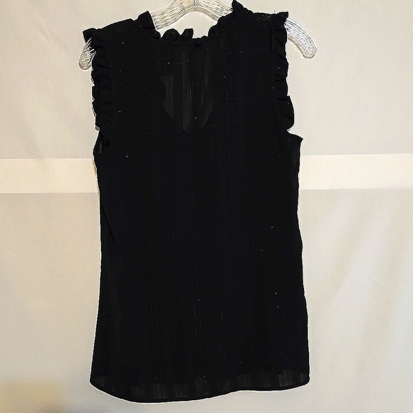 Blouse, NY & Company, Black Silver, Sheer, Sleeveless, Ruffled, V-neck, Med, - Picture 7 of 10